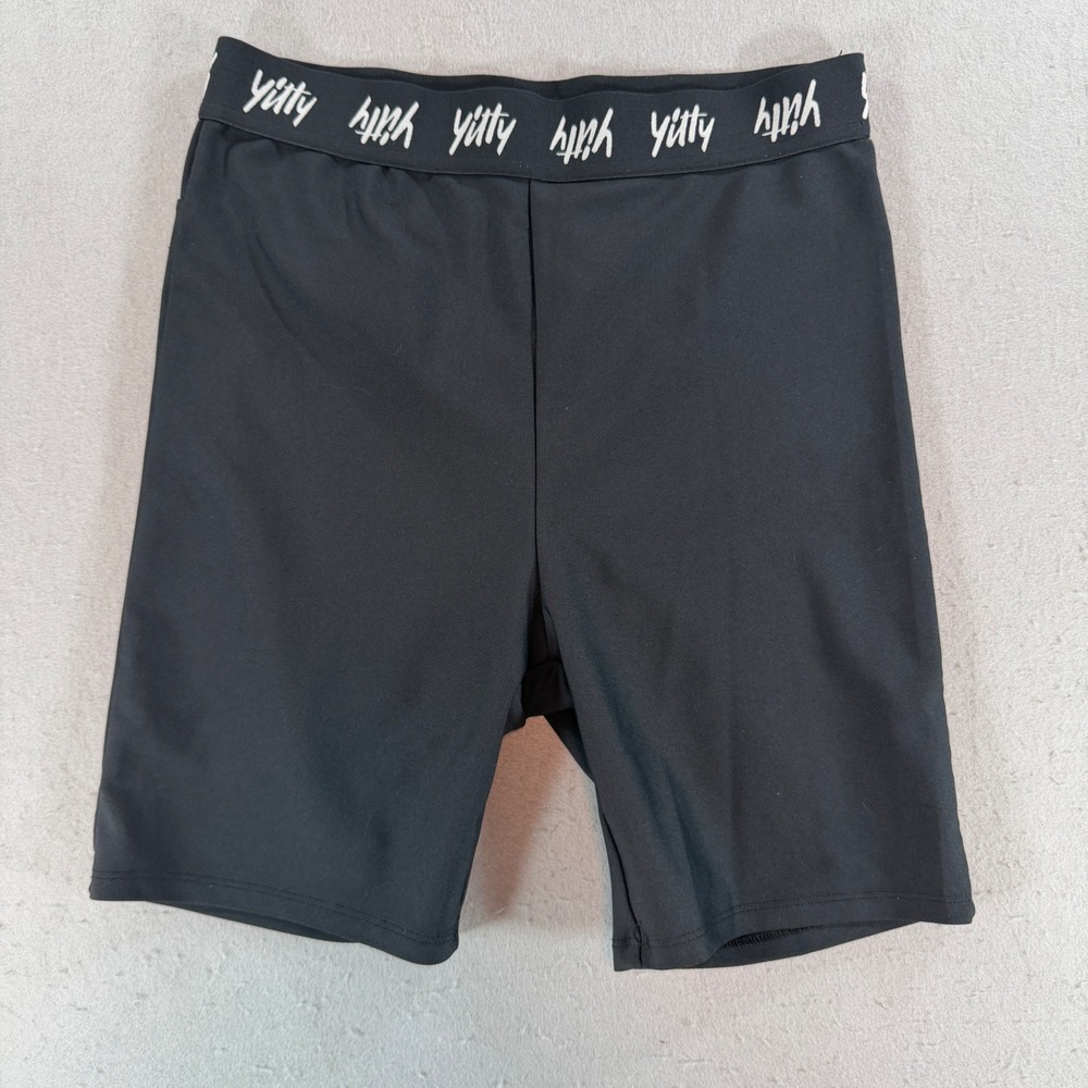 Yitty Womens Small Black High Waisted Compression Bike Shorts Logo Waistband